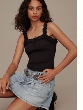 Brand New Anthropologie Black Ruffle-Trim Tank Top - Women